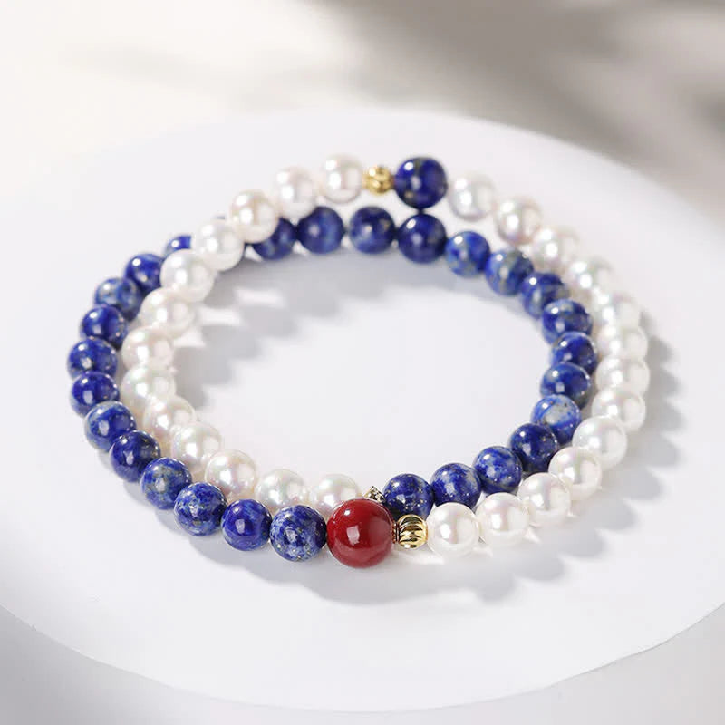 Buddha Stones Lapis Lazuli Lazurite Pearl Cinnabar Positive Beaded Bracelet