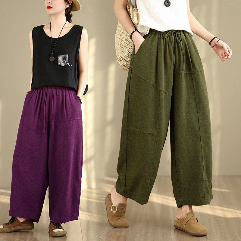 Buddha Stones Women's Fall Plain Color Drawstring Cotton Linen 7-8 Length Pants With Pockets