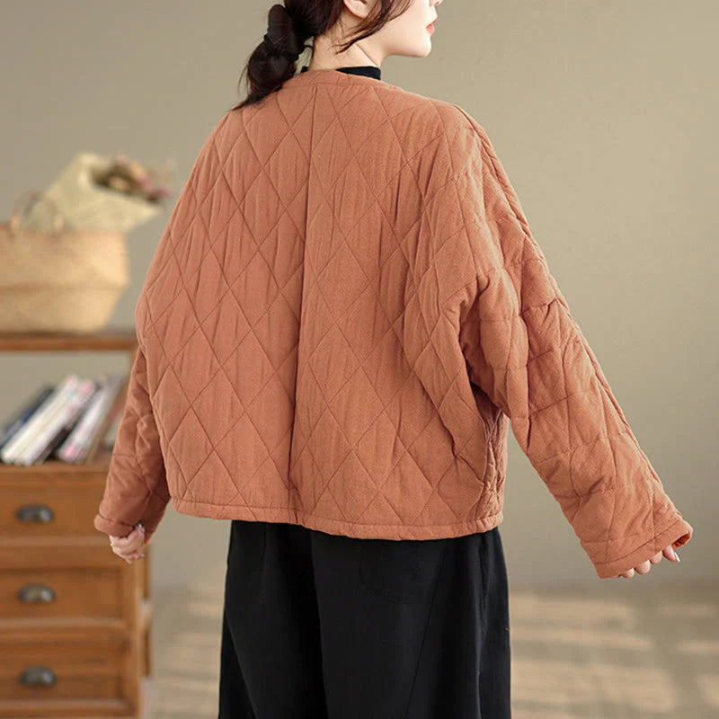 Buddha Stones Winter Frog-Button Diamond-shaped Lines Cotton Long Sleeve Women's Thermal Jacket With Pockets