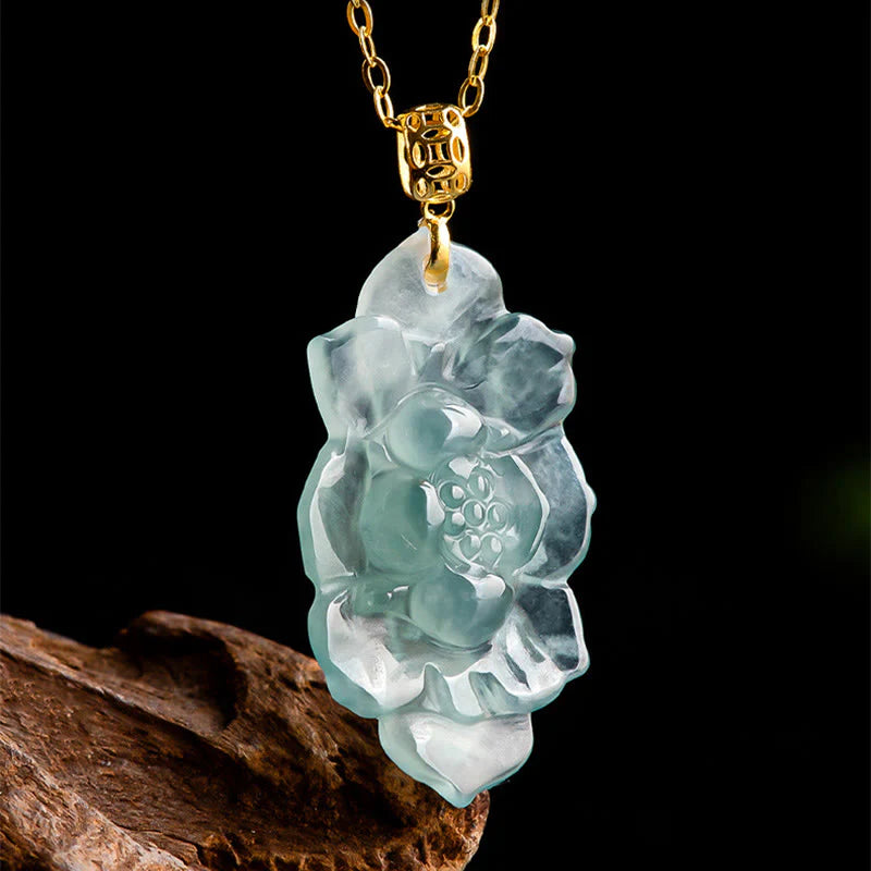 Buddha Stones Natural Jade Lotus Pattern Prosperity Titanium Steel Chain Necklace Pendant