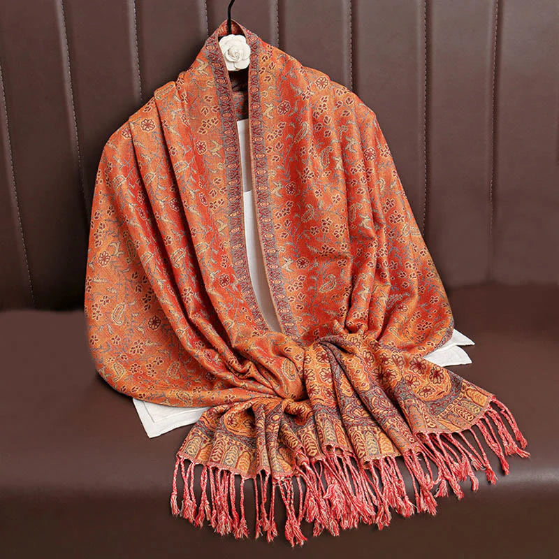Buddha Stones Tibetan Jacquard Paisley Flower Pattern Color Contrast Design Tassel Cozy Scarf Shawl