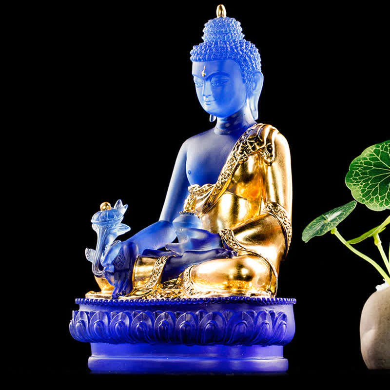 Buddha Stones Medicine Buddha Handmade Liuli Crystal Art Piece Compassion Statue Home Office Offering Decoration