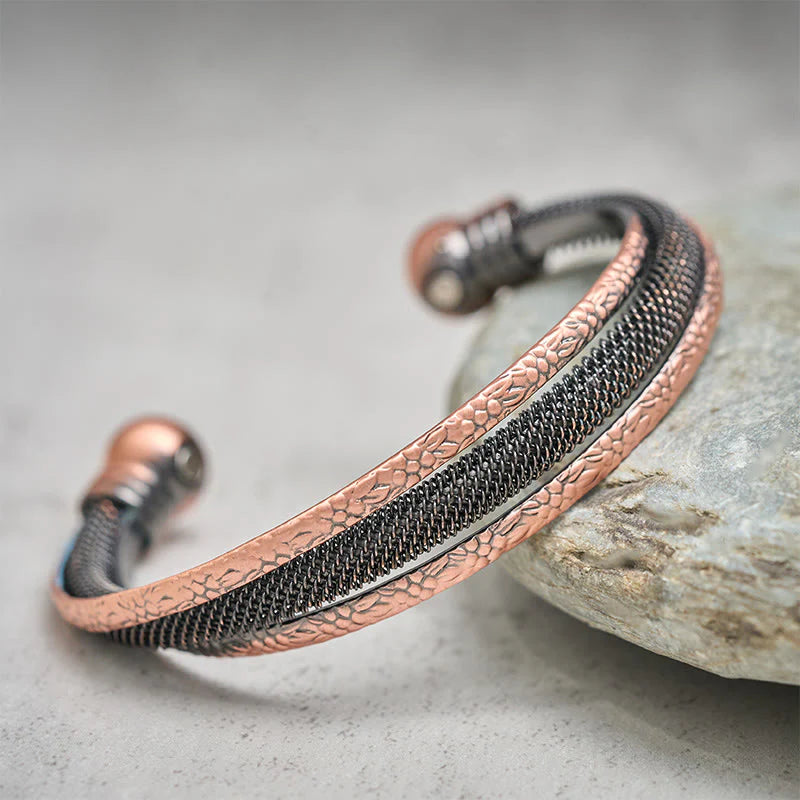 Buddha Stones Retro Textured Flower Pattern Twisted Copper Balance Luck Open Cuff Bracelet Bangle