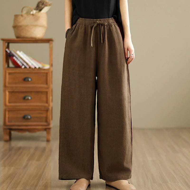 Buddha Stones Commute Retro Solid Color Women's Harem Drawstring Cotton Pants With Pockets