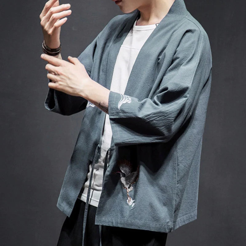 Buddha Stones Embroidery Open Front Jacket Cotton Linen Men's Three Quarter Sleeve Kimono