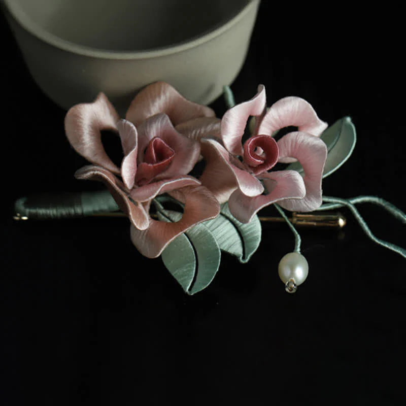 Buddha Stones Handcrafted Silk Art Twin Rose Flower Blessing Harmony Brooch