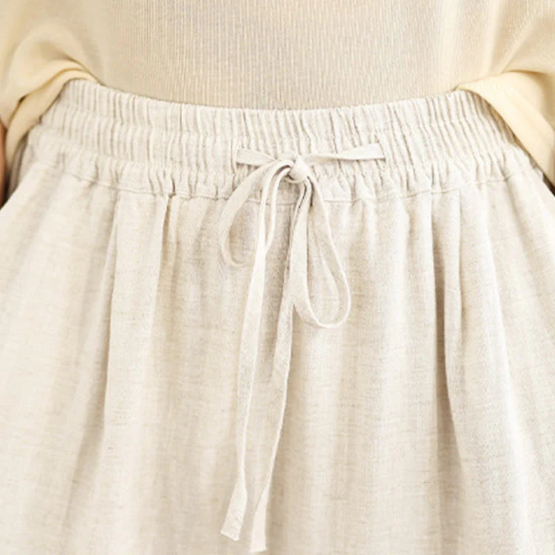 Buddha Stones Women's Fall Plain Color Drawstring Cotton Linen 7-8 Length Pants With Pockets