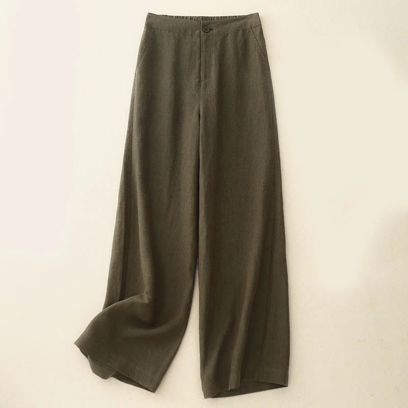 Buddha Stones Casual Plain Women's Cotton Linen Elastic Waist  Wide Leg Pants With Pockets