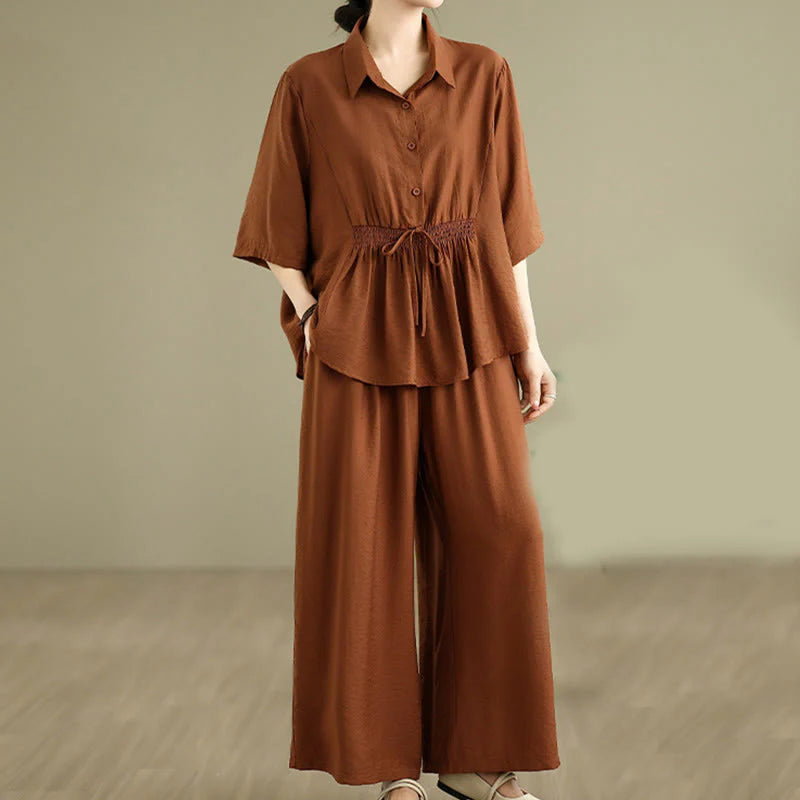 Buddha Stones 2pcs Casual Women's Stand Collar Shirt Loose Pants Meditation Clothing Set