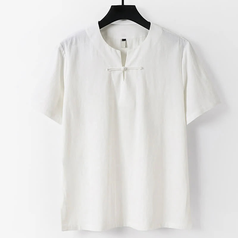 Buddha Stones Solid Color Frog-Button Short Sleeve Notched Collar Men's Cotton Linen T-Shirt