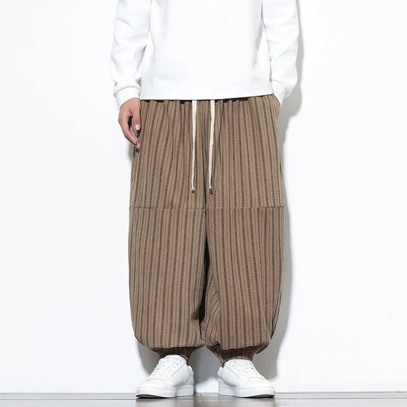 Buddha Stones Fall Striped Pattern Drawstring Men's Harem Corduroy Pants With Pockets