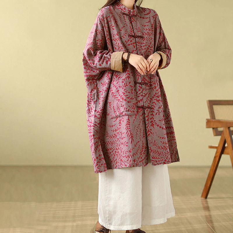 Buddha Stones Frog-button Vine Leaves Women's Coat With Pockets