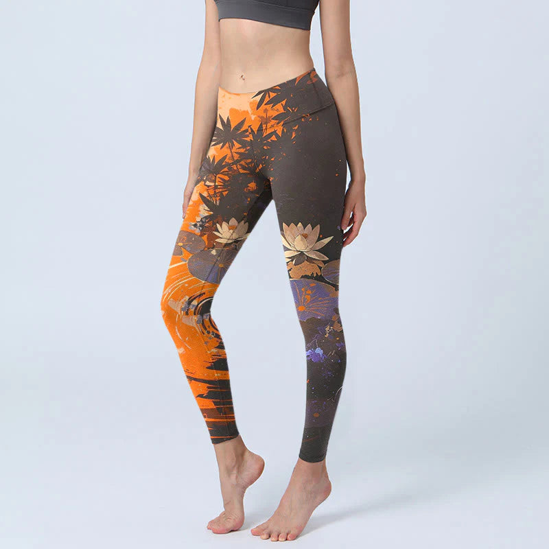Buddha Stones Lotus Flowers Leaves Water Ripples Pattern Print Gym Leggings Women's Yoga Pants