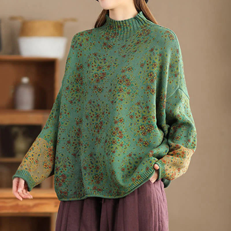 Buddha Stones Fall Printing Floral Long Sleeve Mock Neck Women's Knitted Cotton Sweater