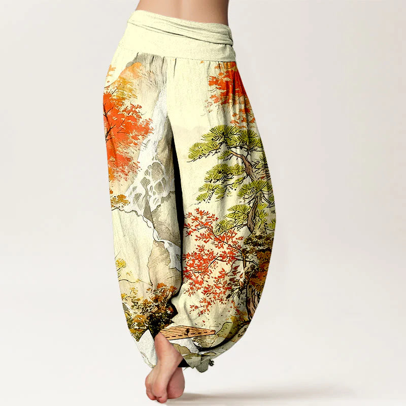 Buddha Stones Pure Cotton Color Coordinated Landscape Tree Pattern Women's Elastic Waist Harem Pants