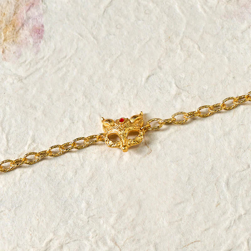 Buddha Stones 24k Gold Plated Brass Fox Design Heart Charm Chain Bracelet