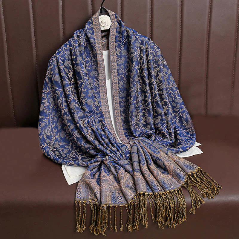 Buddha Stones Tibetan Jacquard Paisley Flower Pattern Color Contrast Design Tassel Cozy Scarf Shawl