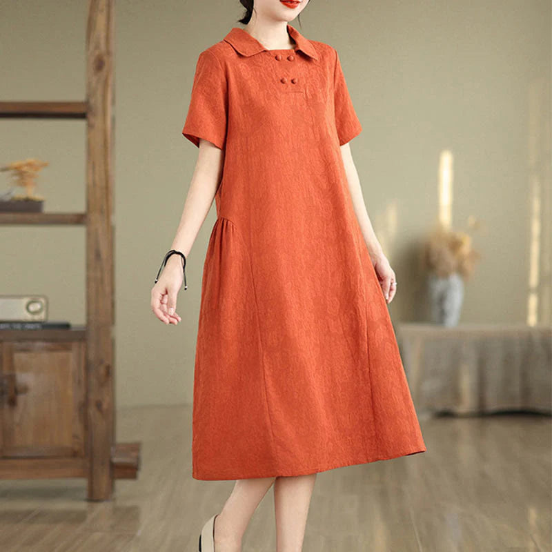 Buddha Stones Plain Jacquard Design Short Sleeve Cotton Linen Midi Dress With Pockets