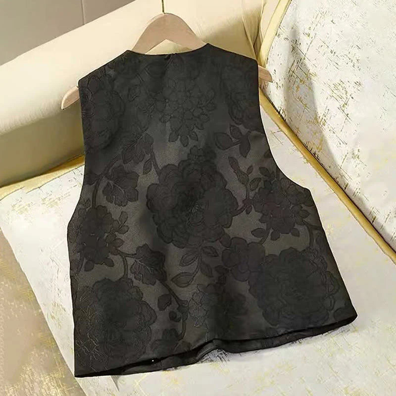 Buddha Stones Black Peony Flowers Frog-Button Pattern Cotton Women's Sleeveless Vest Waistcoat