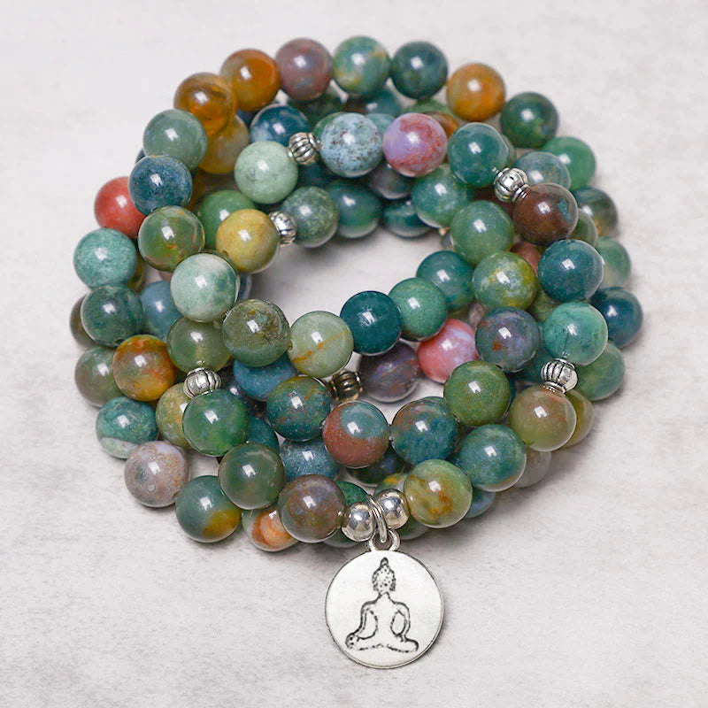 Buddha Stones 108 Mala Beads Indian Agate Lotus OM Buddha Tree of life Positive Calm Bracelet
