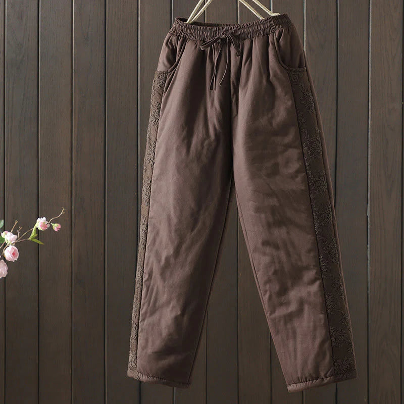 Buddha Stones Flower Pattern Cotton Polyester Embroidery Thick Women's Pants With Pockets