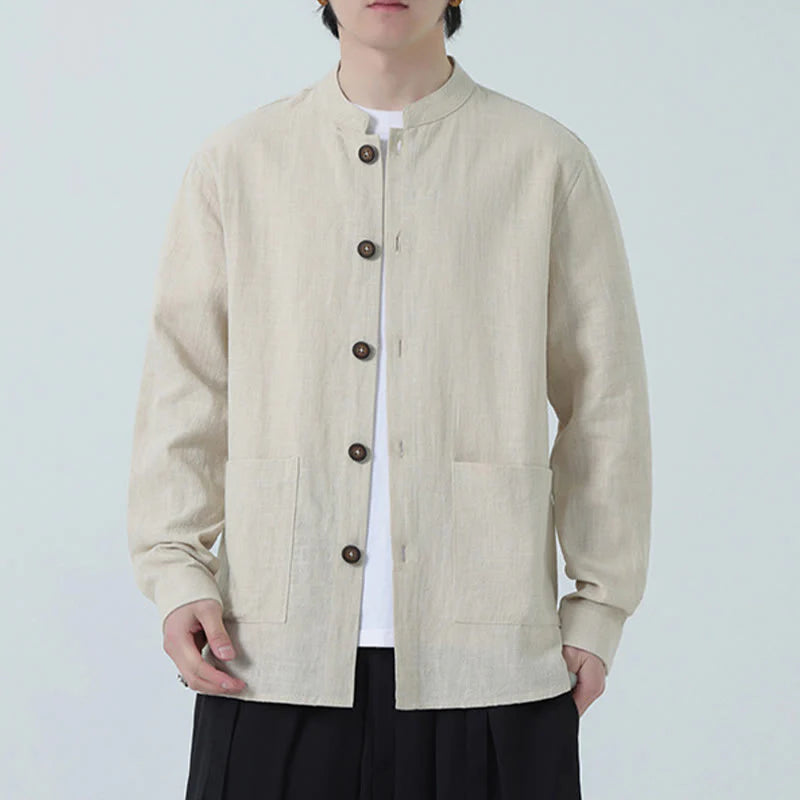 Buddha Stones Men's Button Ramie Linen Cotton Fleece Lined Jacket Shirt With Pockets