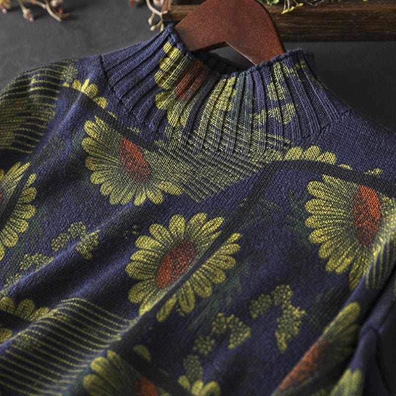 Buddha Stones Sunflower Pattern Mock Neck Long Sleeve Women's Cotton Sweater