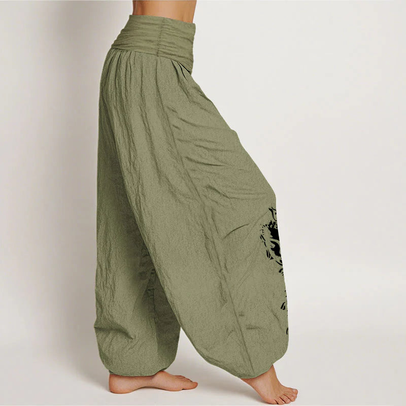 Buddha Stones Pure Cotton Concise Om Symbol Buddha Pattern Women's Elastic Waist Harem Pants
