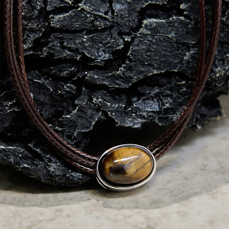 Buddha Stones Natural Tiger Eye Ellipse Protection Wax Rope Necklace Pendant