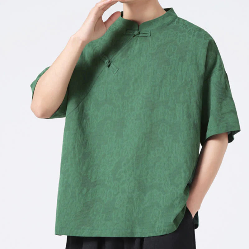 Buddha Stones Retro Pure Color Frog-Button Design Jacquard Flower Pattern Men's Short Sleeve Cotton Linen Shirt