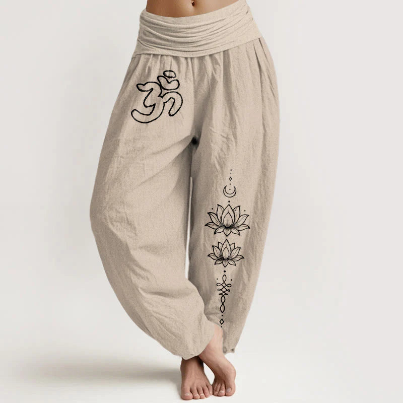 Buddha Stones Pure Cotton Minimalist Design Om Symbol Lotus Moon Pattern Women's Elastic Waist Harem Pants