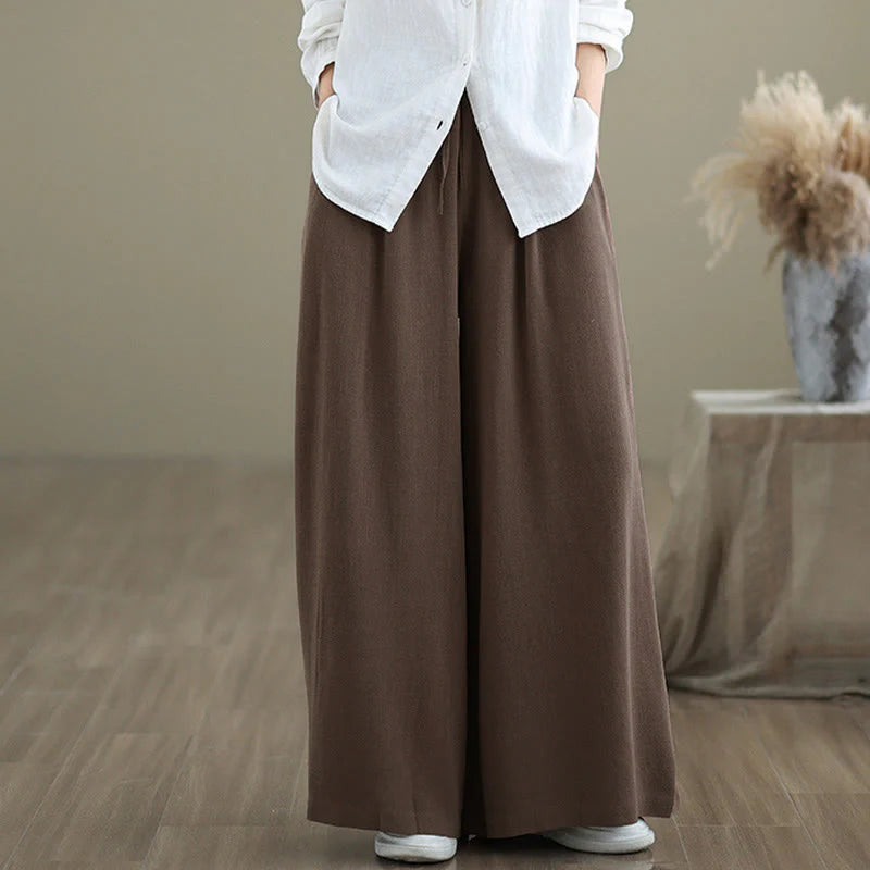 Buddha Stones Women's Pure Color Drawstring Cotton Linen Wide Leg Ankle-Length Pants With Pockets