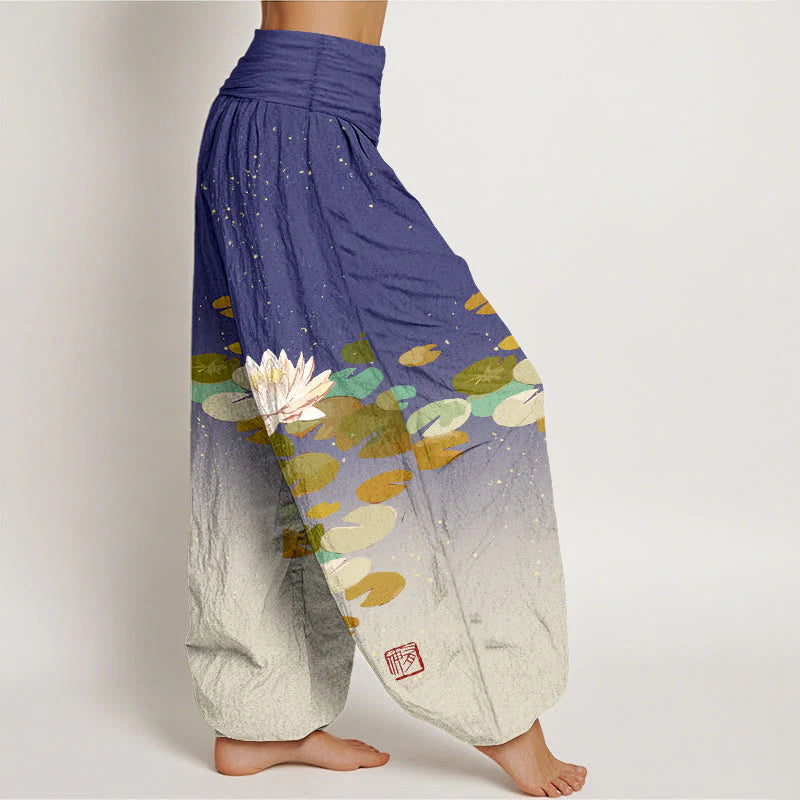 Buddha Stones Printed White Lotus Leaves Pattern Women's Elastic Waist Harem Pure Cotton Pants