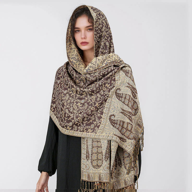 Buddha Stones Tibetan Jacquard Paisley Flower Pattern Color Contrast Design Tassel Cozy Scarf Shawl