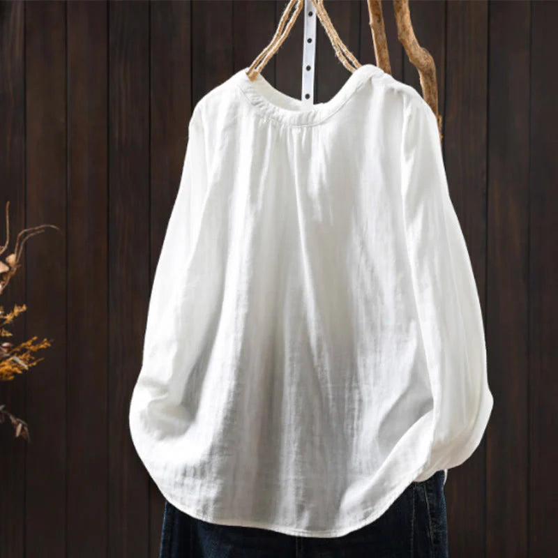 Buddha Stones Fall Crew Neck Back Button Down Design Long Sleeve Women's Cotton Shirt