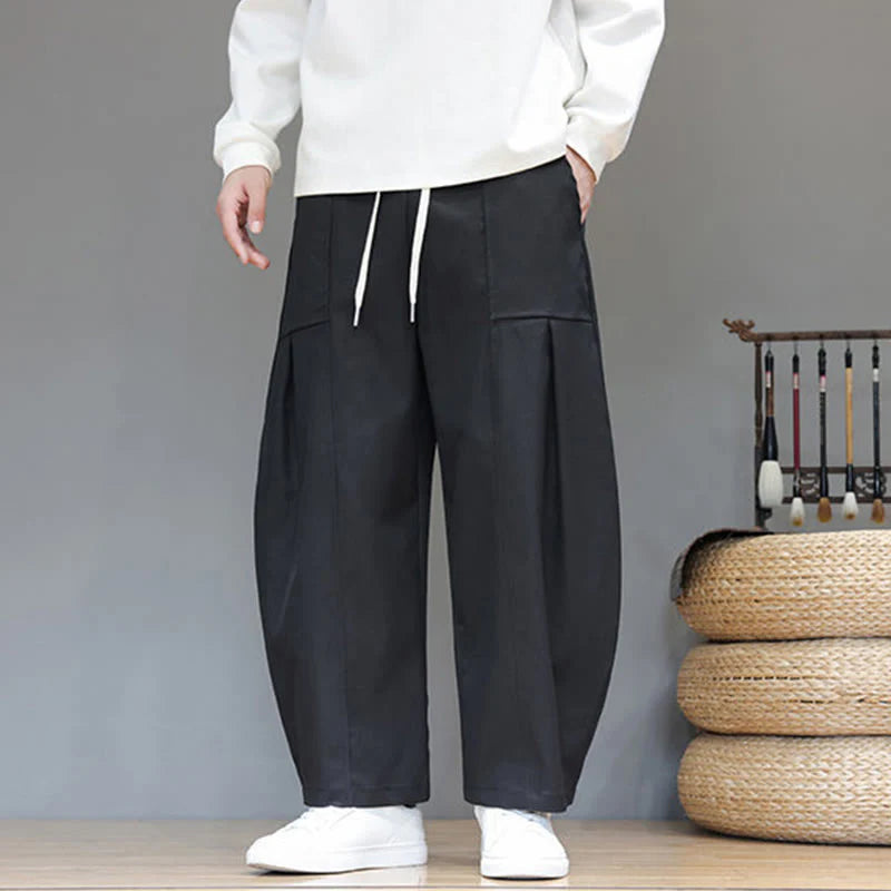 Buddha Stones Fall Pure Color Cotton Men's Cropped Harem Pants With Pockets