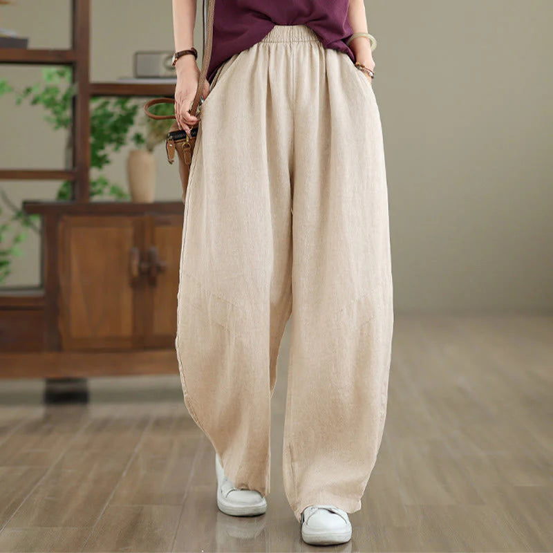 Buddha Stones Casual Plain Cotton Women's Wide Leg Pants With Pockets