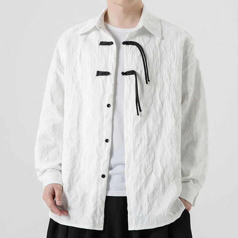 Buddha Stones Frog-Button Leaves Pattern Long Sleeve Men's Tang Suit Jacket