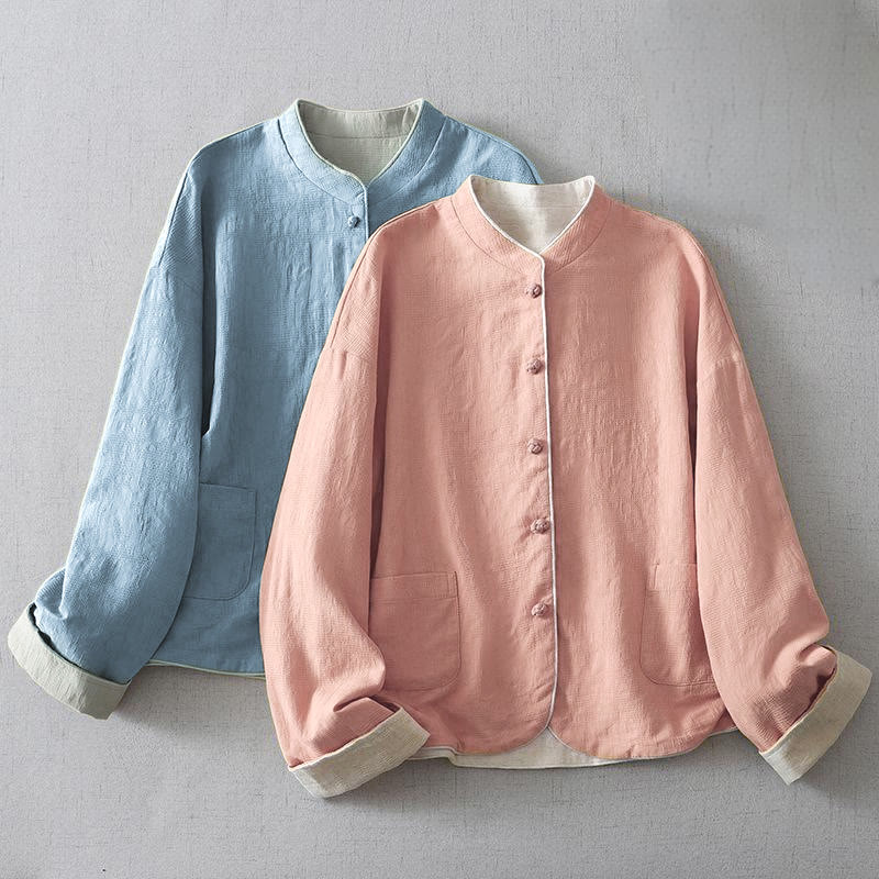 Buddha Stones Women's Plain Jacquard Stand Collar Long Sleeve Cotton Linen Jacket With Pockets