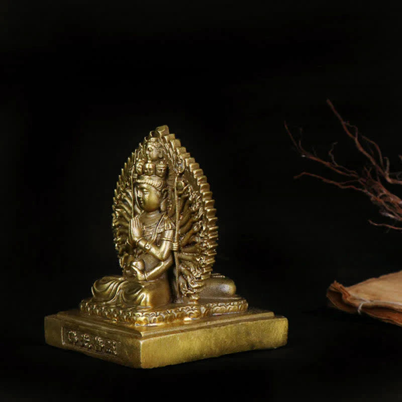 Buddha Stones Chenrezig Thousand-handed Avalokitesvara Figurine Double-sided Kuan Yin Bodhisattva Protection Solid Copper Statue Decoration