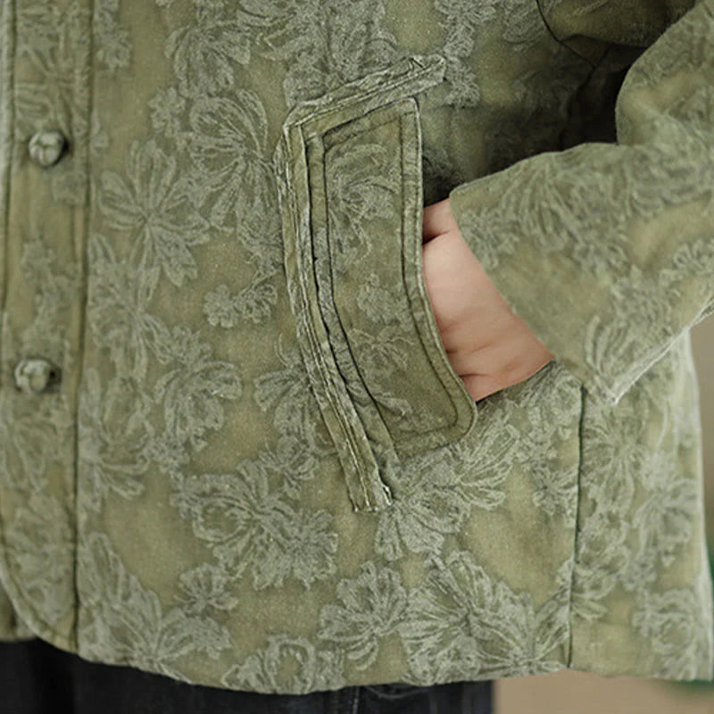 Buddha Stones Winter V-Neck Jacquard Frog-Button Cotton Long Sleeve Women's Thermal Jacket With Pockets