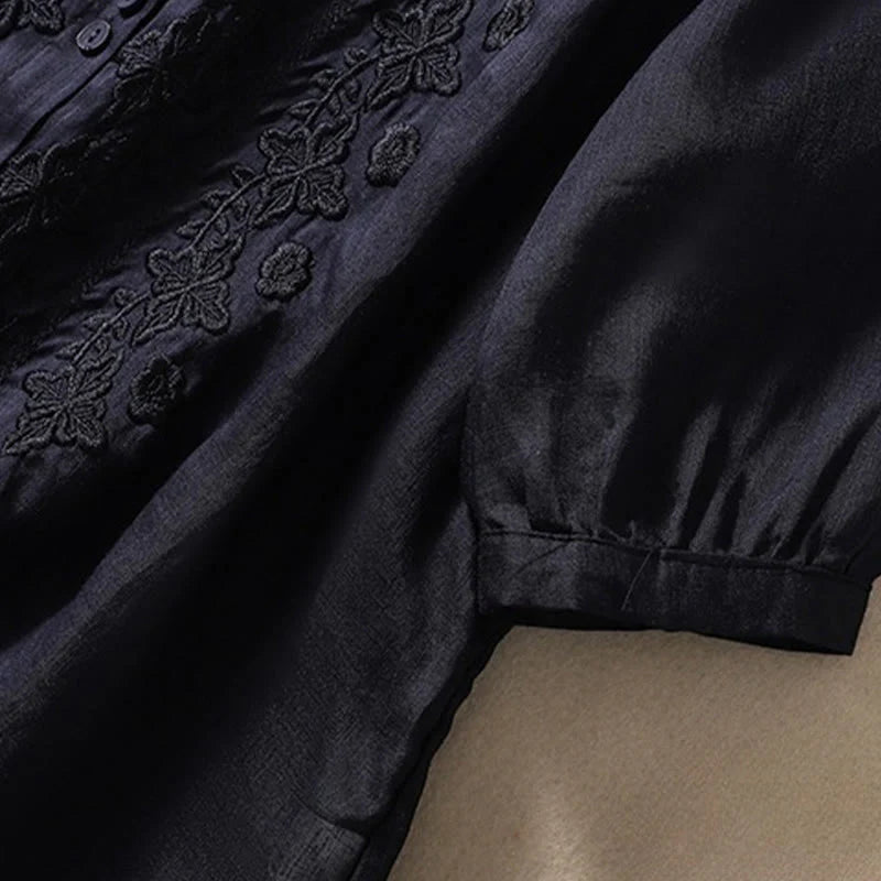Buddha Stones Summer Plain Button Embroidery Flower Pattern Three Quarter Sleeve Lapel Cotton Linen Women's Shirt