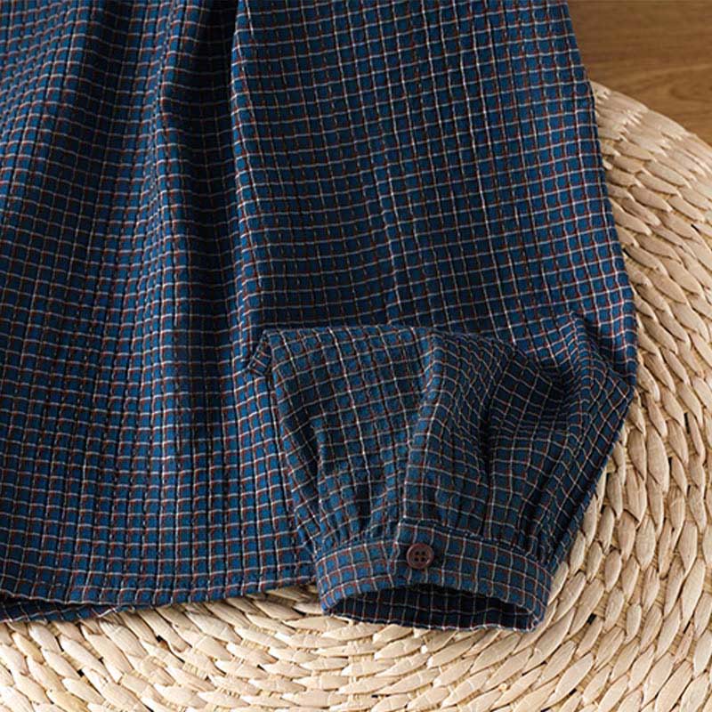 Buddha Stones Fall Blue Plaid V-Neck Buttons Design Women's Cotton Long Sleeve Shirt