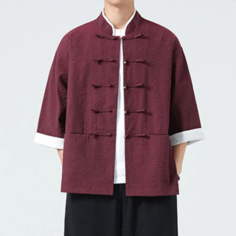Buddha Stones Spring Solid Color Three Quarter Sleeve Tang Suit Men's Buttons Shirt With Pockets