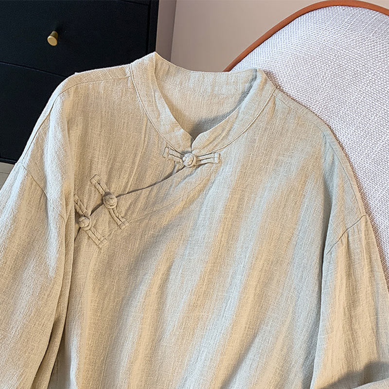 Buddha Stones Casual Women's Plain Frog-Button Stand Collar Design Long Sleeve Shirt