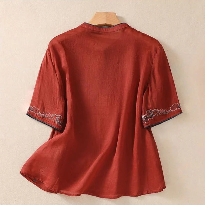 Buddha Stones Casual Retro Embroidery Frog-Button Design Women's Cotton Linen Half Sleeve Shirt