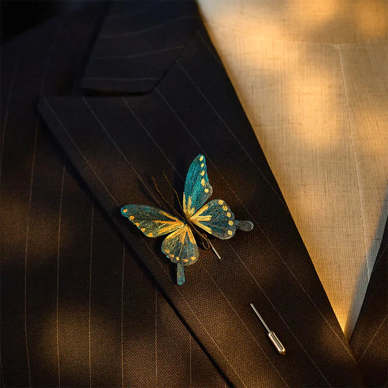 Buddha Stones Handcrafted Silk Art Velvet Flower Golden Blue Butterfly Brooch