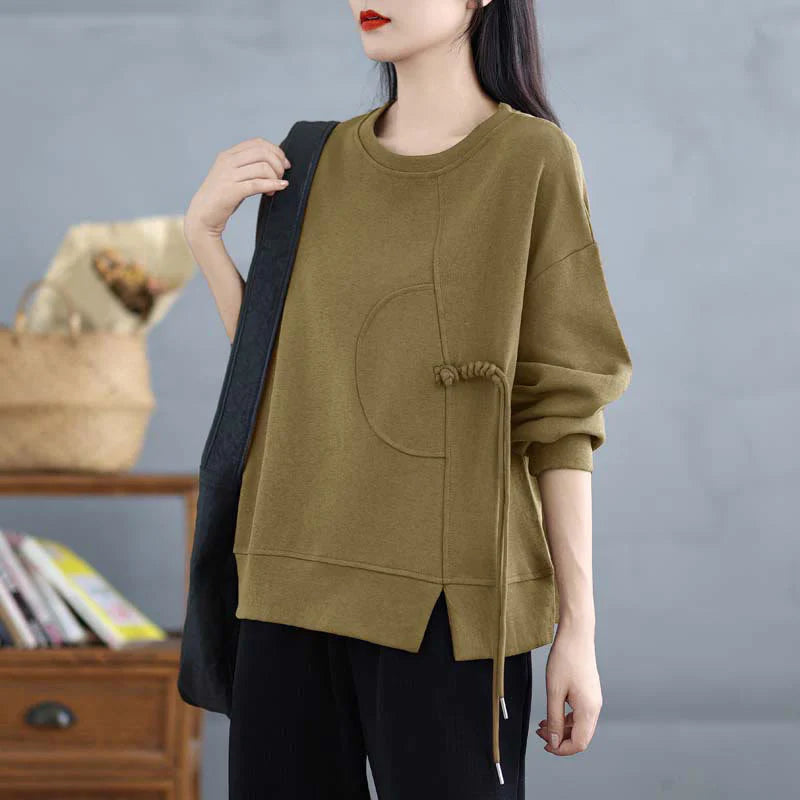 Buddha Stones Plain Frog-button Design Crew Neck Cotton Women's Long Sleeve Sweatshirt