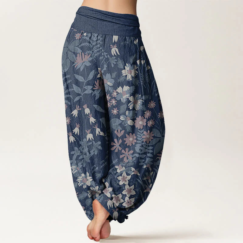 Buddha Stones Cotton Casual Daisy Flowers Leaves Design Women's Elastic Waist Harem Pants