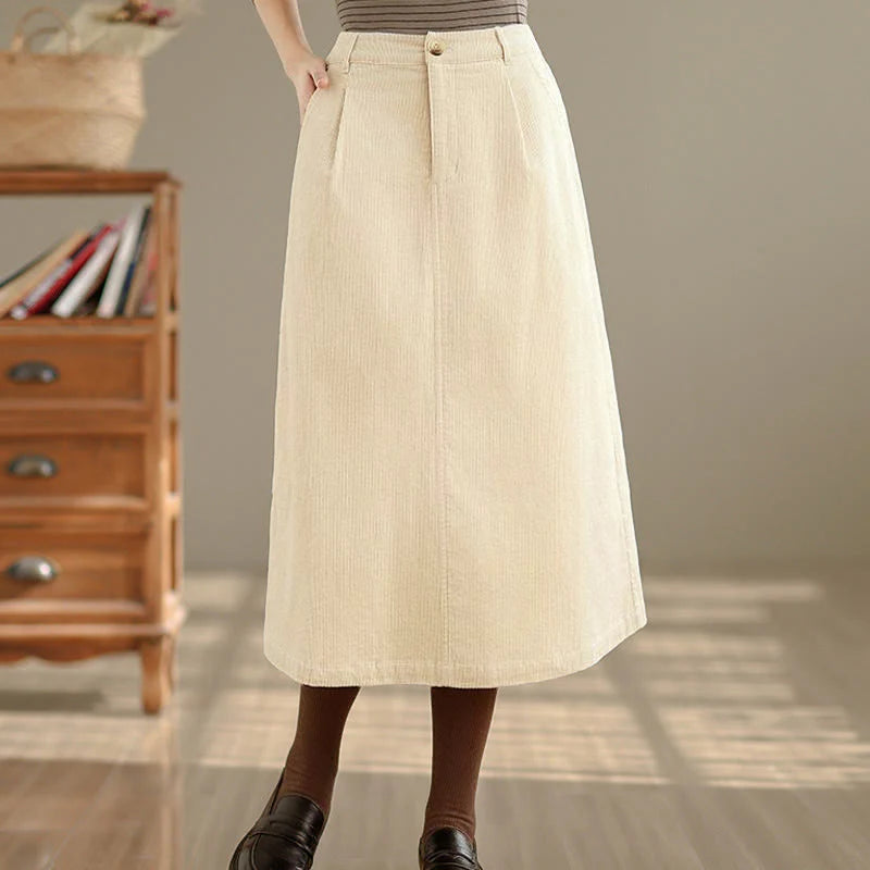 Buddha Stones Pure Color Elastic Waist Women's 7-8 Length Corduroy Skirt With Pockets